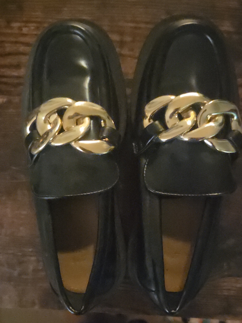H&M Black Patent Loafers with Gold Chain Detail